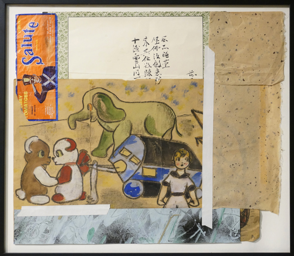 Dug Uyesaka, Collage with figures, animals, and Japanese calligraphy, 2005