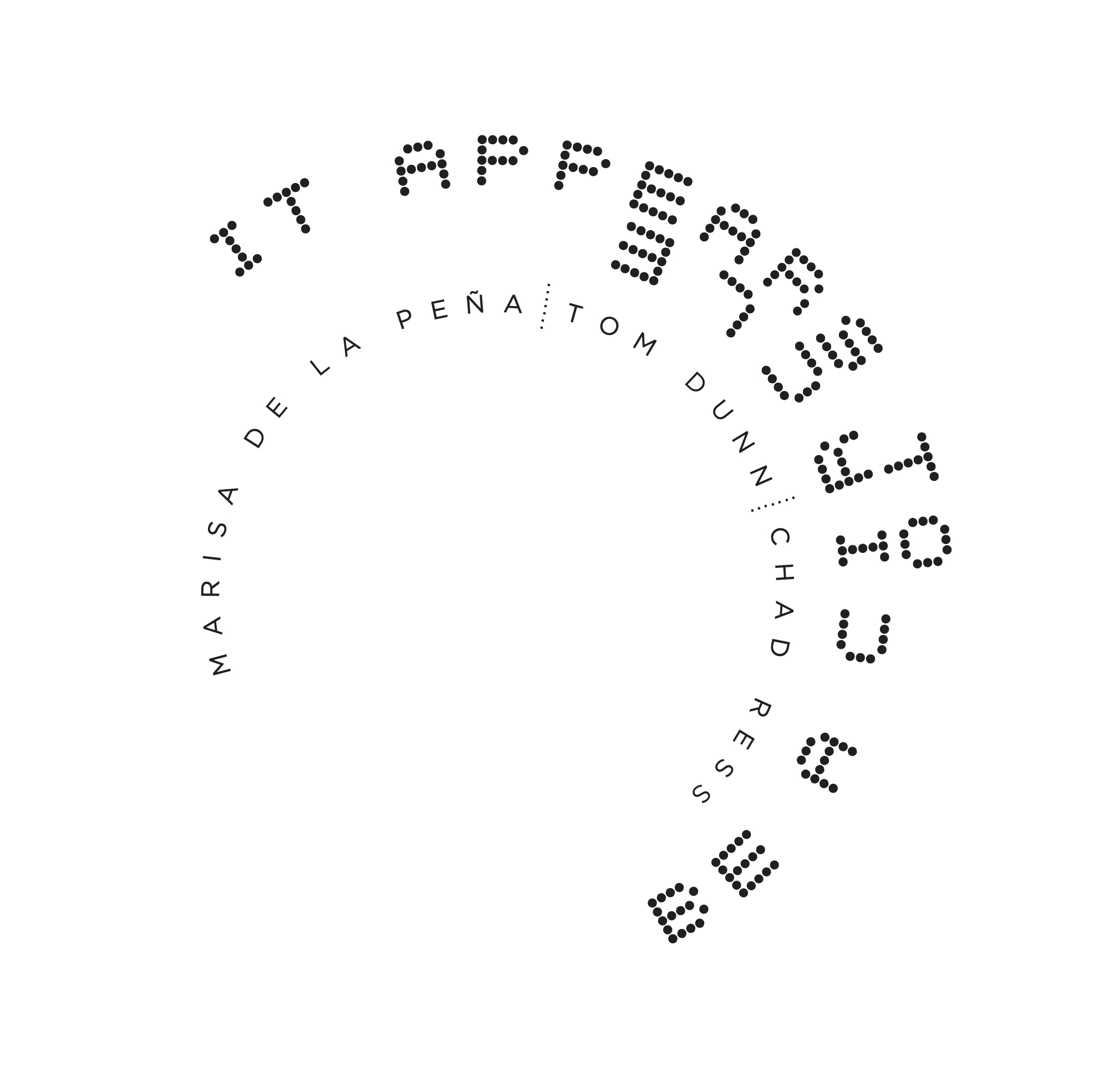 It Appears to Be a Circle / Marisa de la Peña, Tom Dunn, Chad Ress in black text on white background forming circle pattern (MFA Thesis Exhibition 2022)