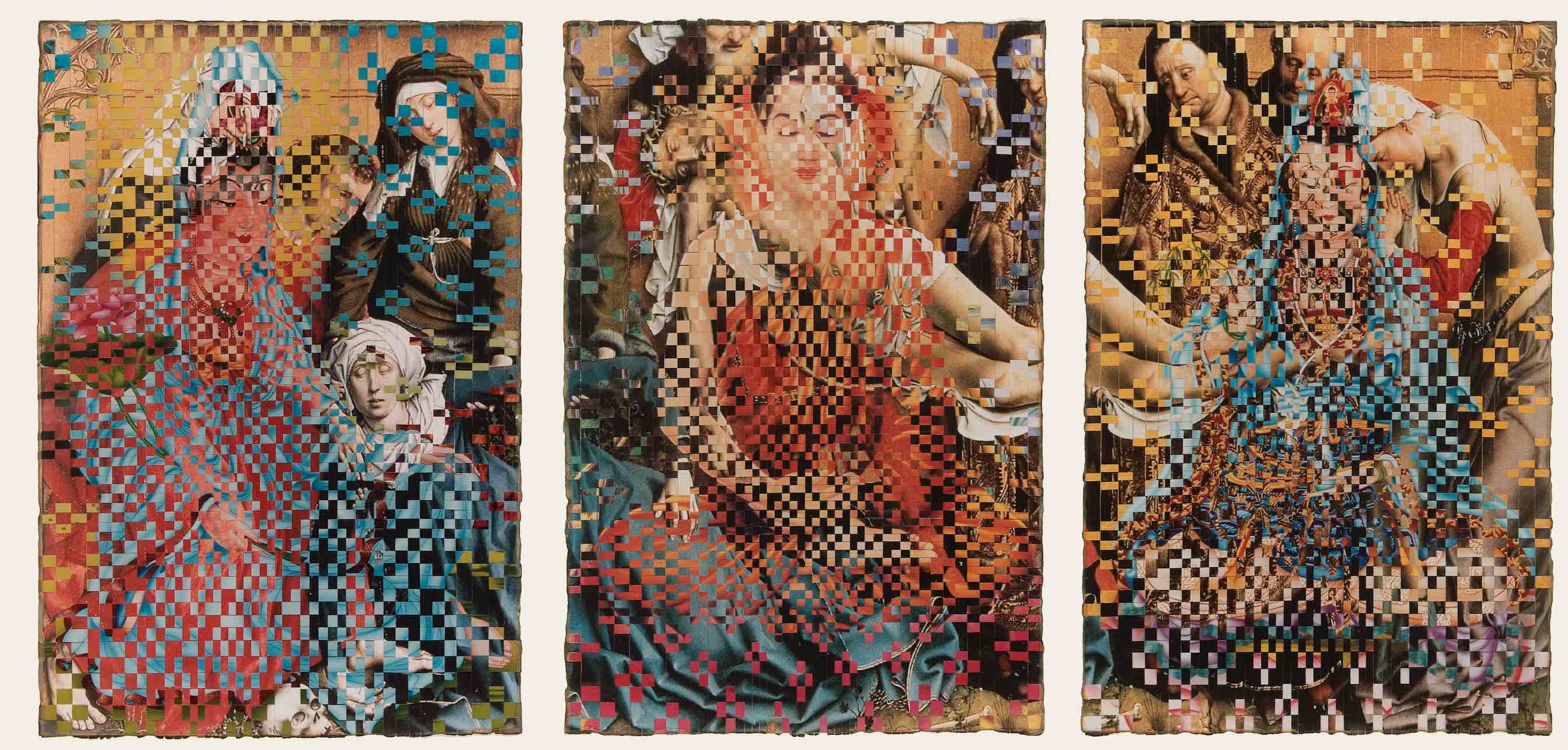 Dinh Q. Lê, Altarpiece #1, 2001. C-print with linen tape. Museum purchase. Triptych produced with traditional Vietnamese weaving methods. Art, Design & Architecture Museum; UC Santa Barbara.