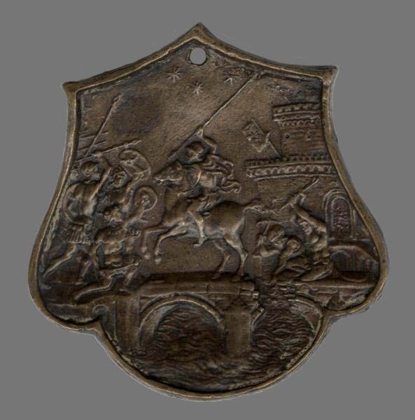 Bronze plaquette with figure riding horse on bridge (center), charging left towards other figures; on right is castle architecture.
