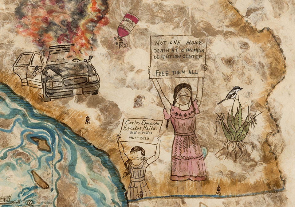 Two female figures and a burning police car on top of a detail of California map made from amate paper.