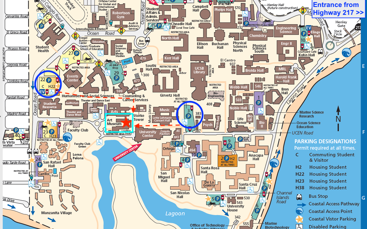 UCSB Campus Map, annotated directions to Art, Design & Architecture Museum