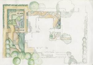 Isabelle Greene, Valentine Garden Plan (detail), graphite on vellum, 12 1/4 x 18 1/8.” Unknown artist, rendering. Isabelle Greene Landscape Architecture Records, AD&A Museum.