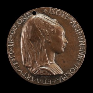 Bronze portrait medal of female figure Isotta degli Atti with inscription ISOTE ARIMINENSI FORMA ET VIRTVTE ITALIE DECORI