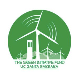 TGIF logo, green background, circle shape, with windmills and Storke Tower in white and "The Green Initiative Fund UC Santa Barbara" in green.